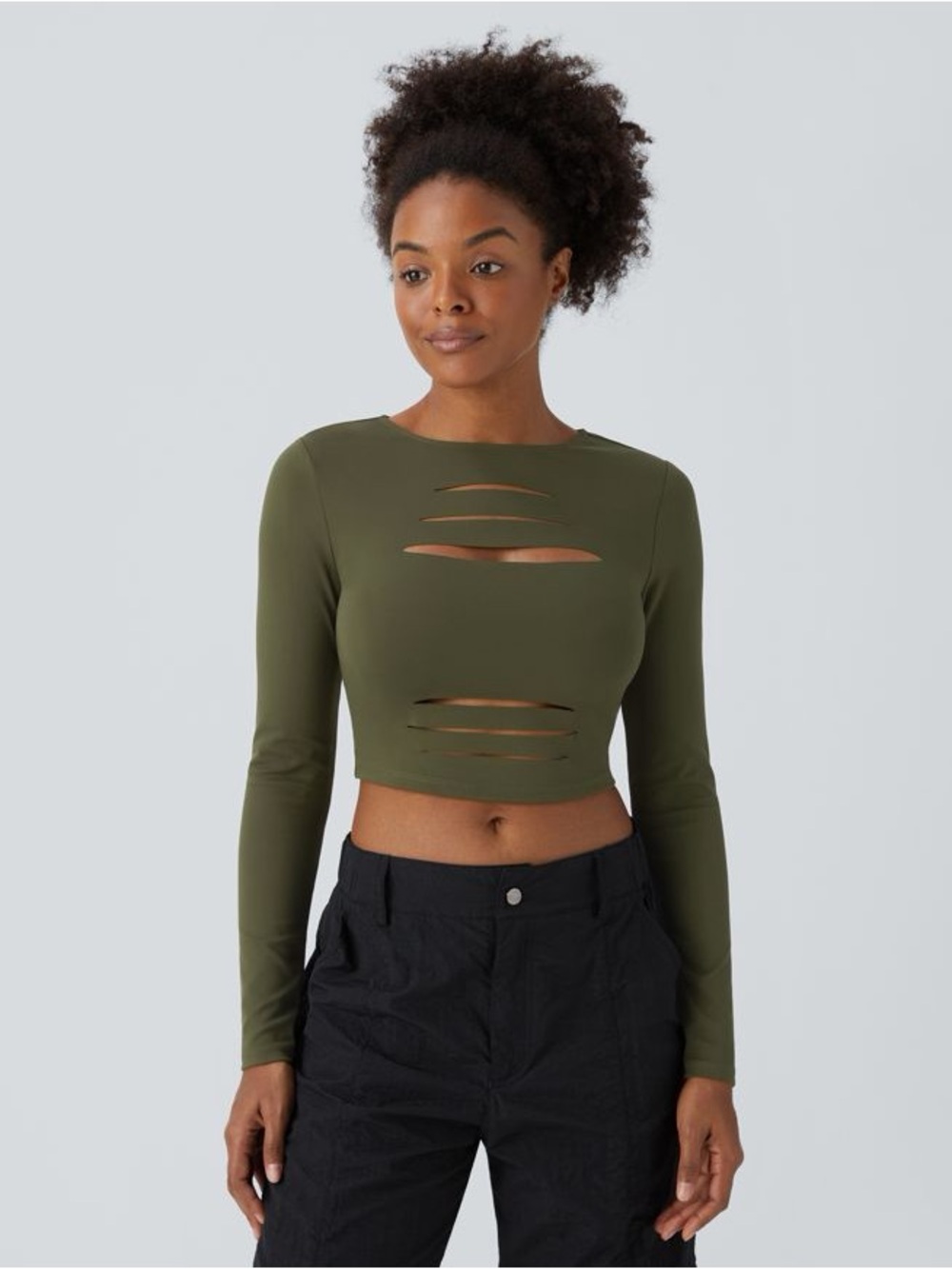 NWT Halara DayStretch Green Long Sleeve Cut Out Cropped Shirt Top Ripped Small